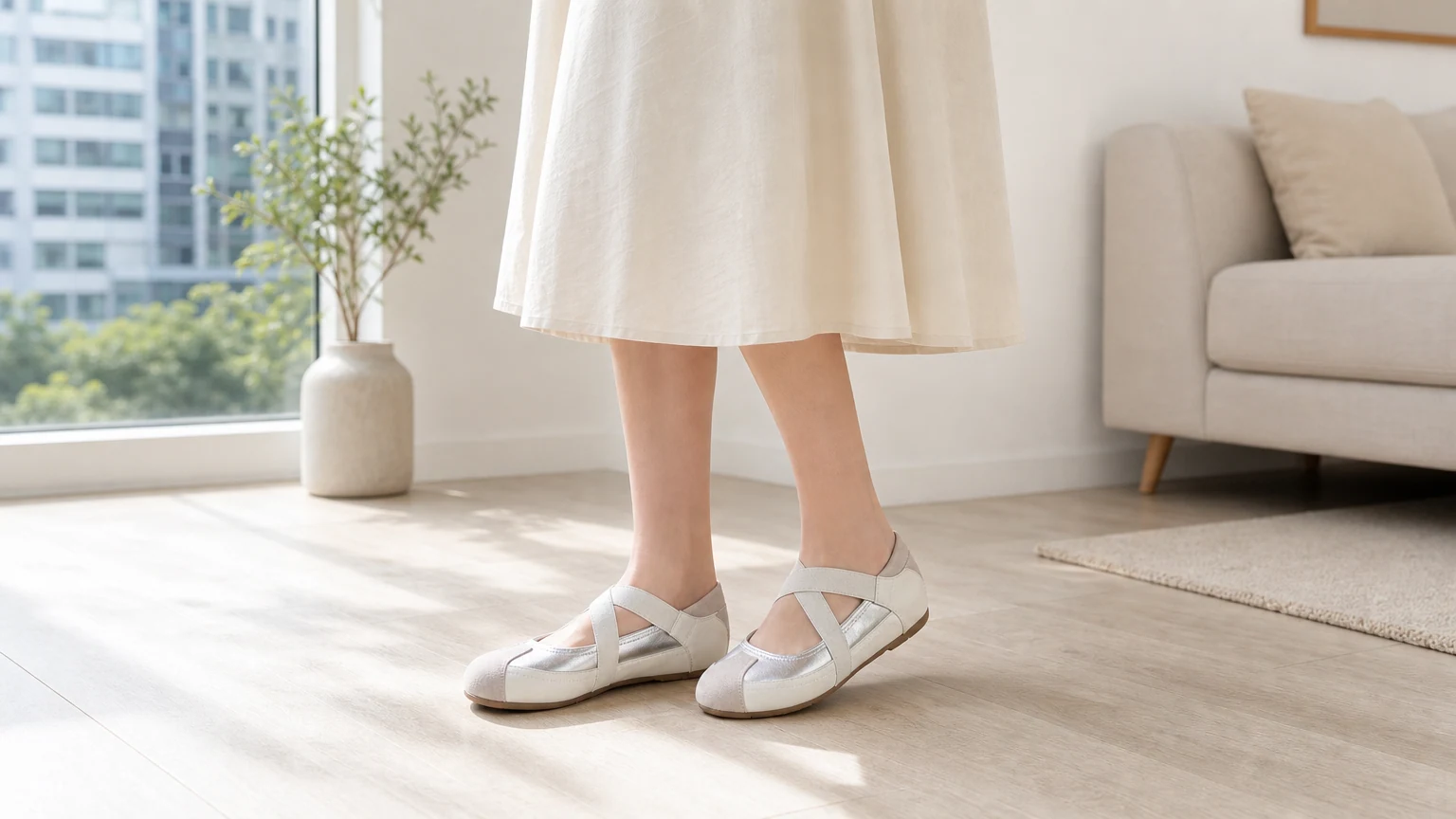 Round toe colorblock Mary Jane shoes styled in a horizontal lifestyle scene