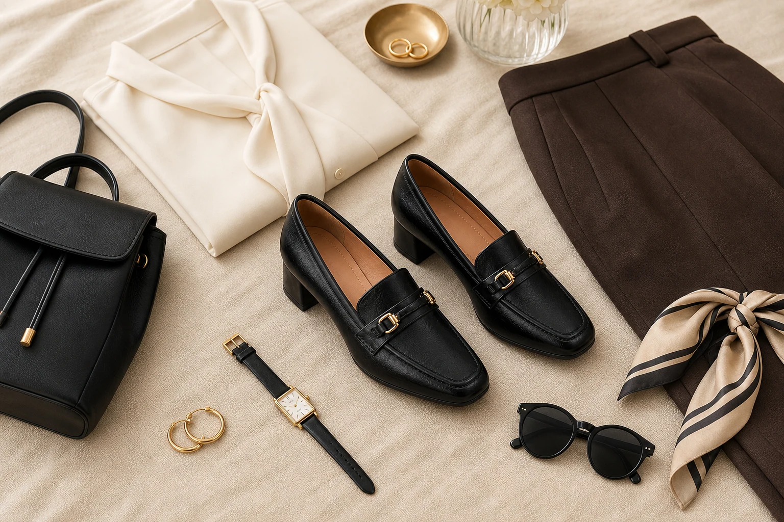 Square toe stable heel dress shoes in a lifestyle scene