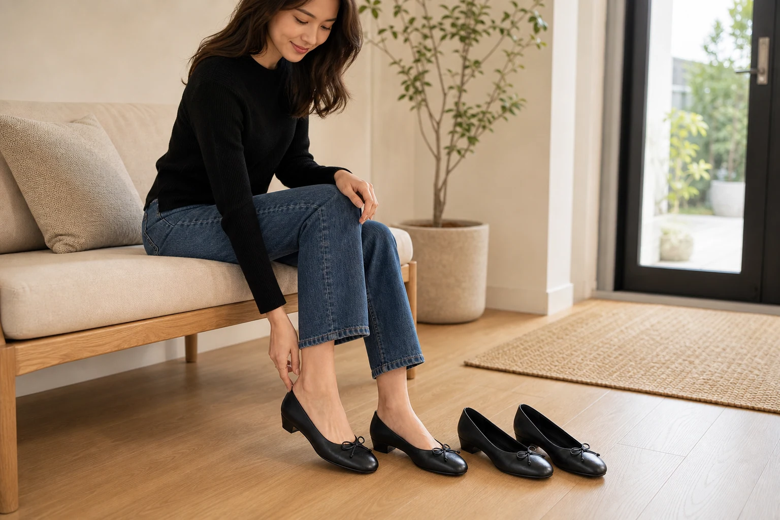 Low wedge flats styled in a product-in-context scene