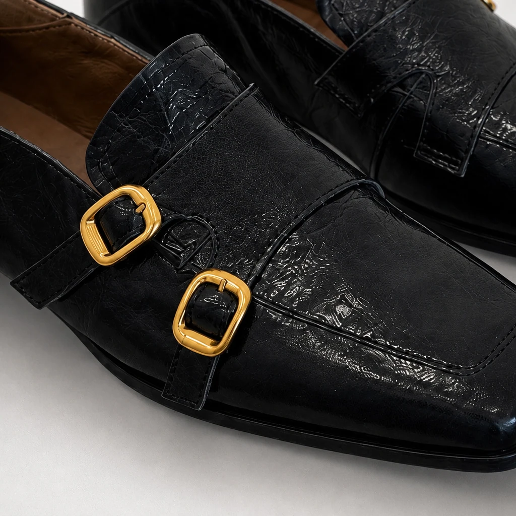 Close-up detail of the black loafer upper, straps, buckle design, and polished finish