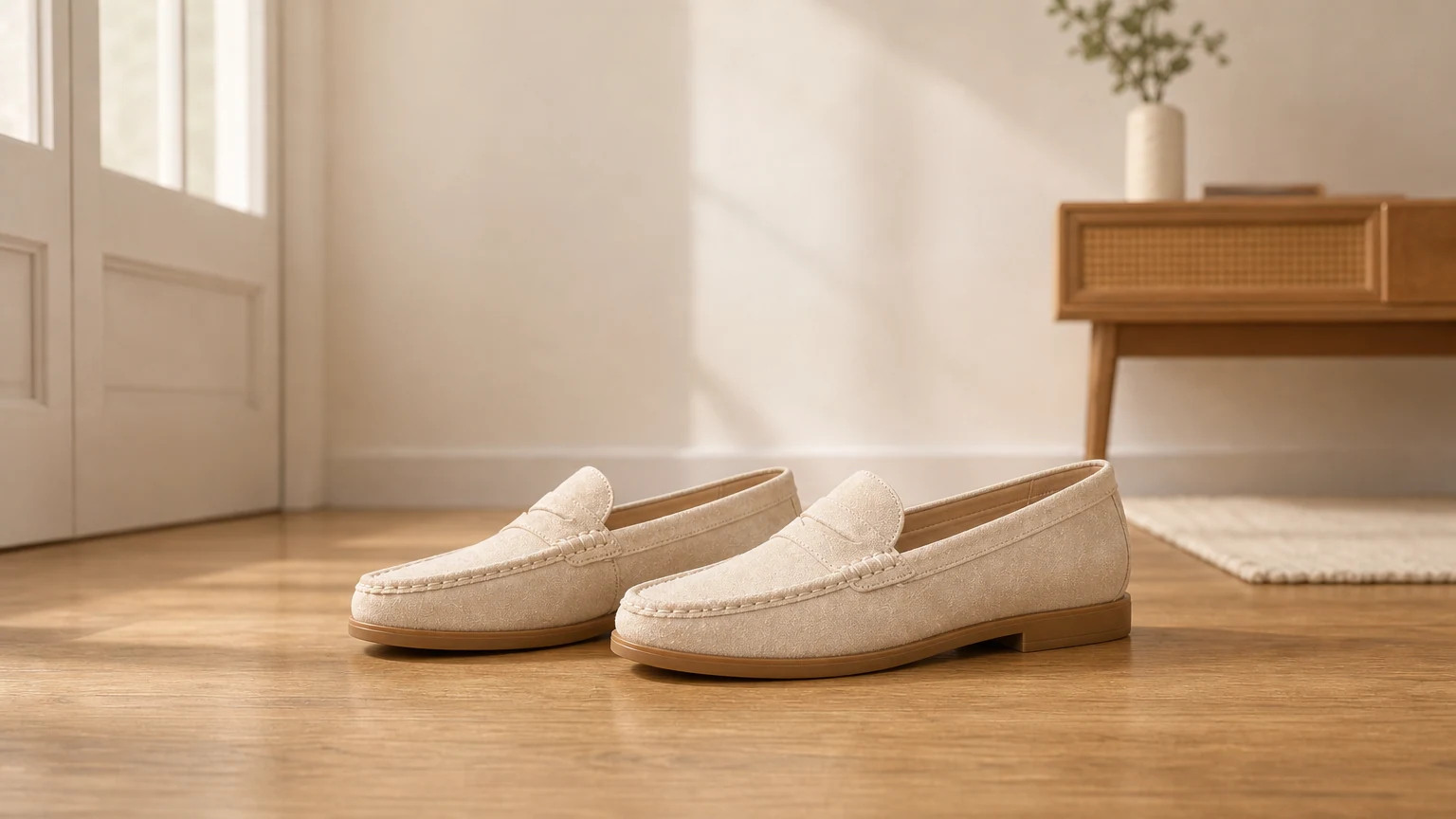 Casual slip-on flat loafers styled in a horizontal lifestyle scene