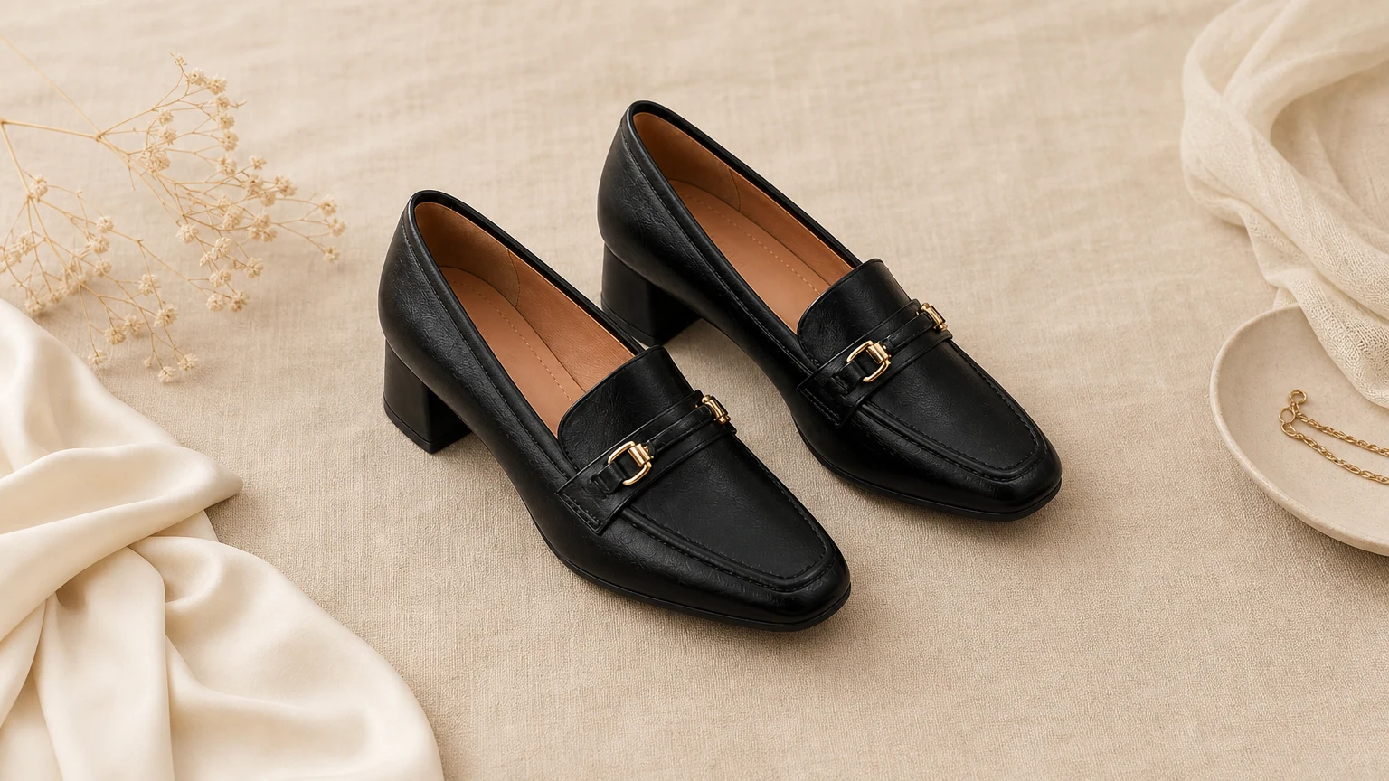 Square Toe Classic Stable Heel Dress Shoes for Women in an editorial lifestyle scene
