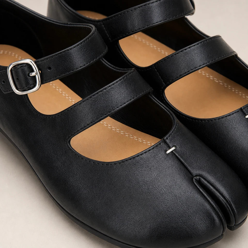 Lähikuva yksityiskohta mustista halkaistun toe Mary Jane flats hihnat ja tekstuuri
