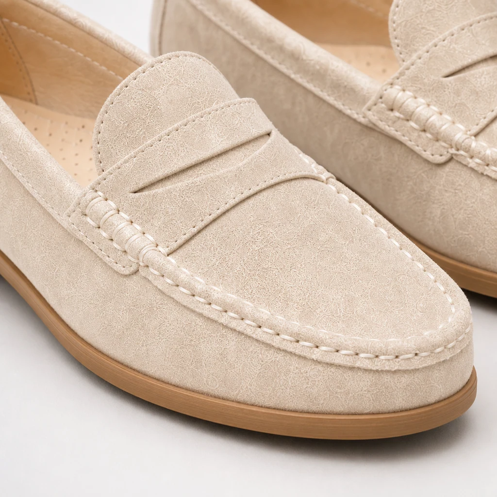 Close-up detail of the soft upper and stitching on the loafers