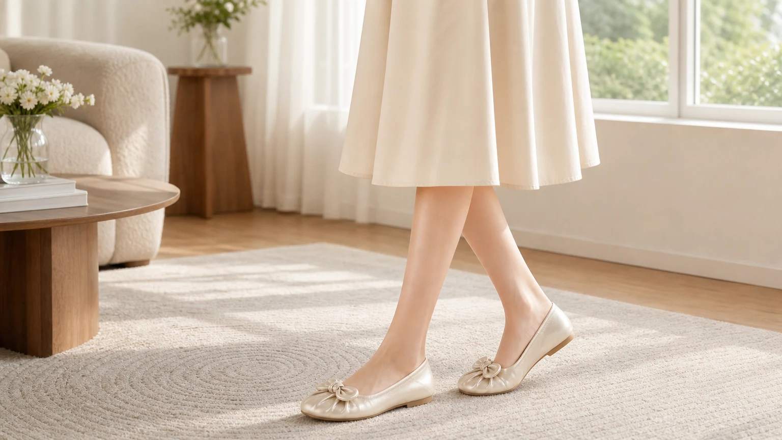 Shallow opening cute comfortable flats styled in a soft lifestyle scene