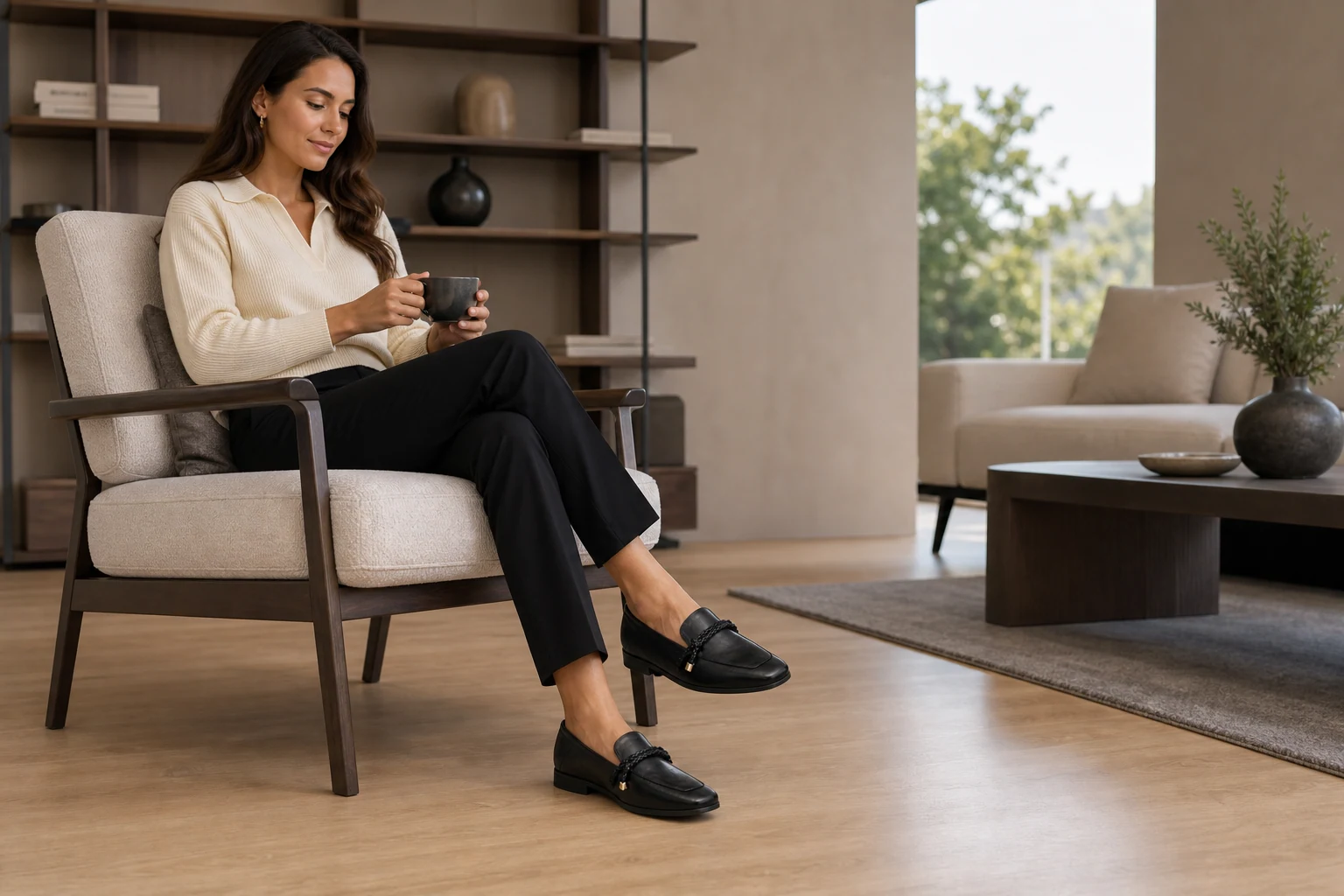 Product-in-context lifestyle scene with black square toe loafers