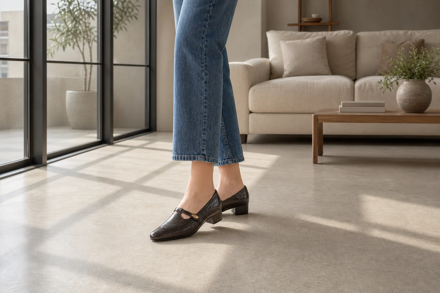 Classic stable heel pumps shown in a lifestyle setting