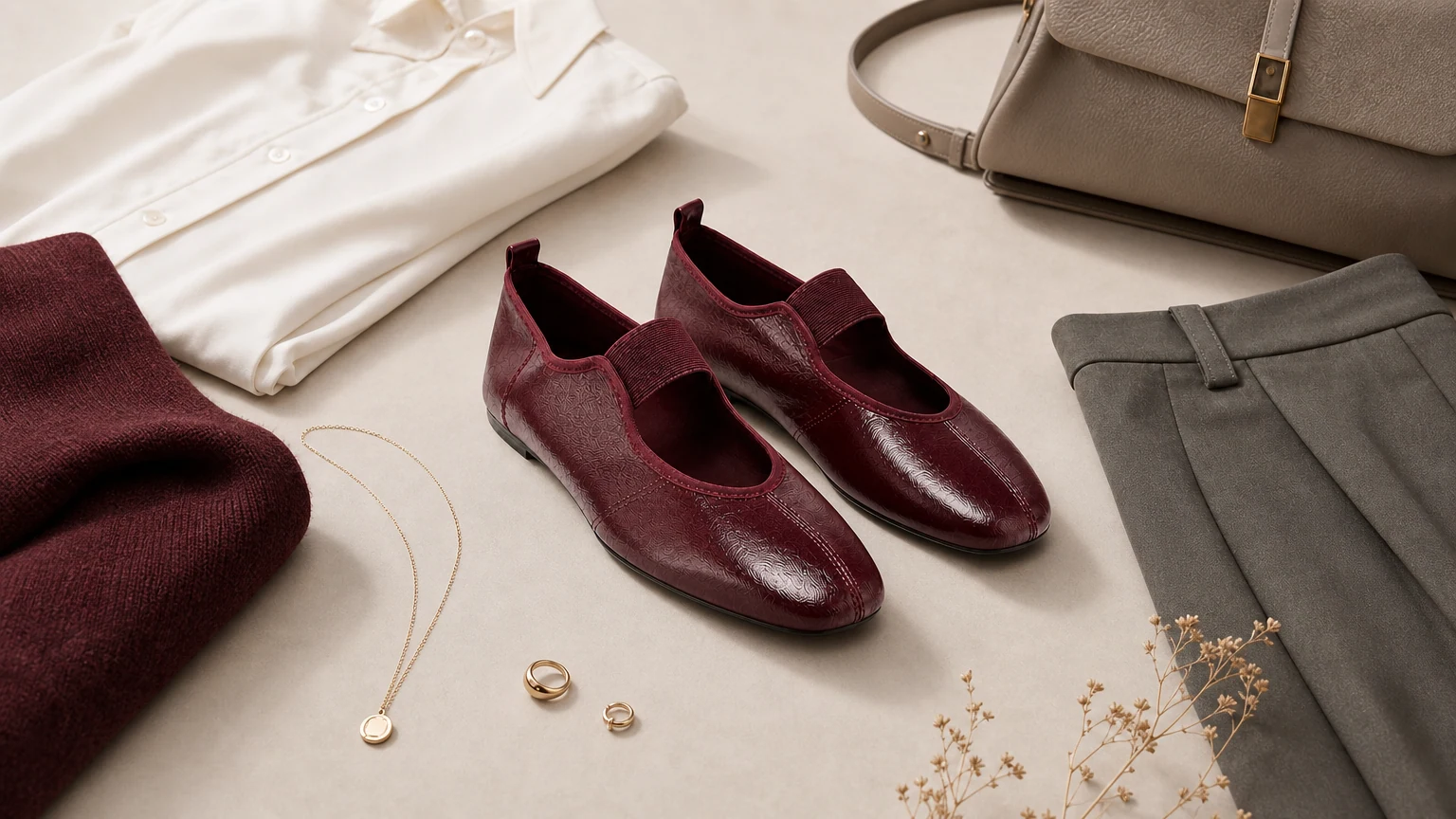 Minimal round toe walking flats styled in a horizontal everyday scene