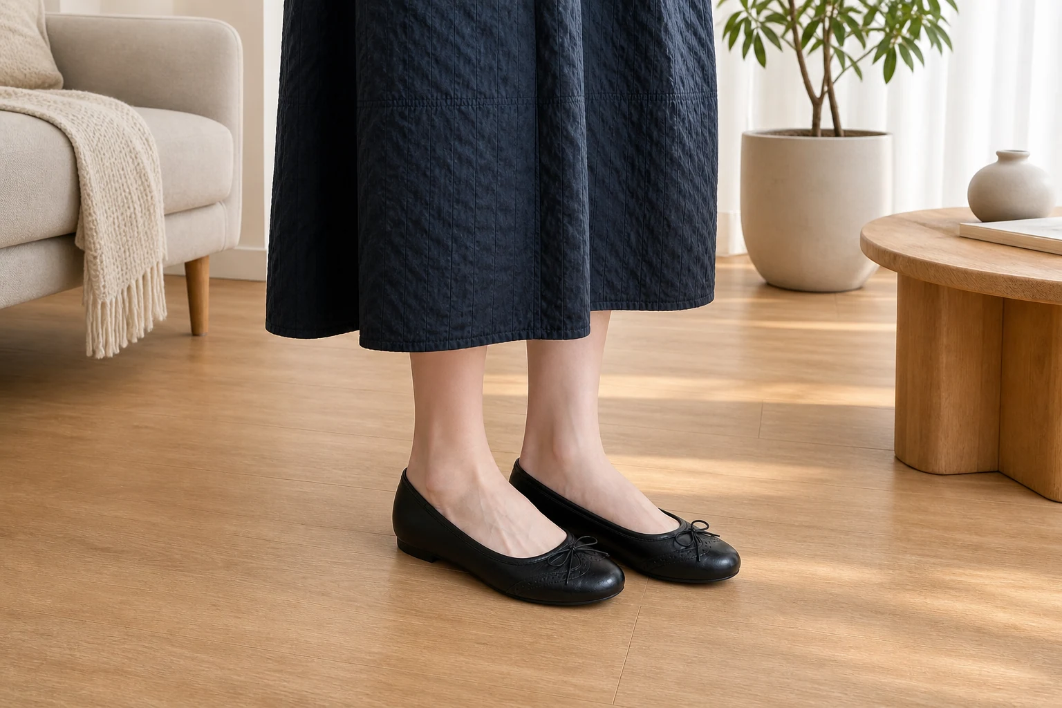 Classic cowhide flat shoes styled in context