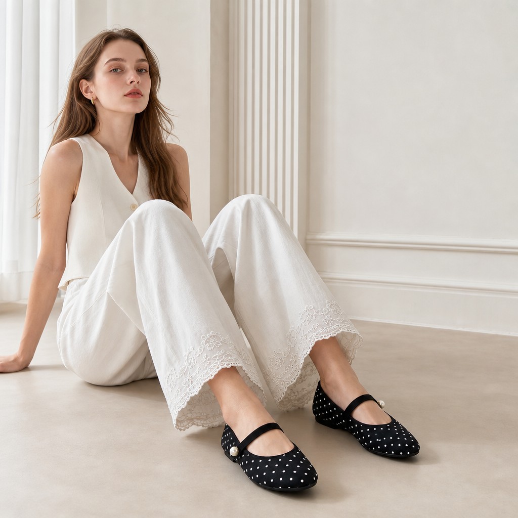 Modella che indossa le ballerine Mary Jane a pois in una scena di stile di vita seduta